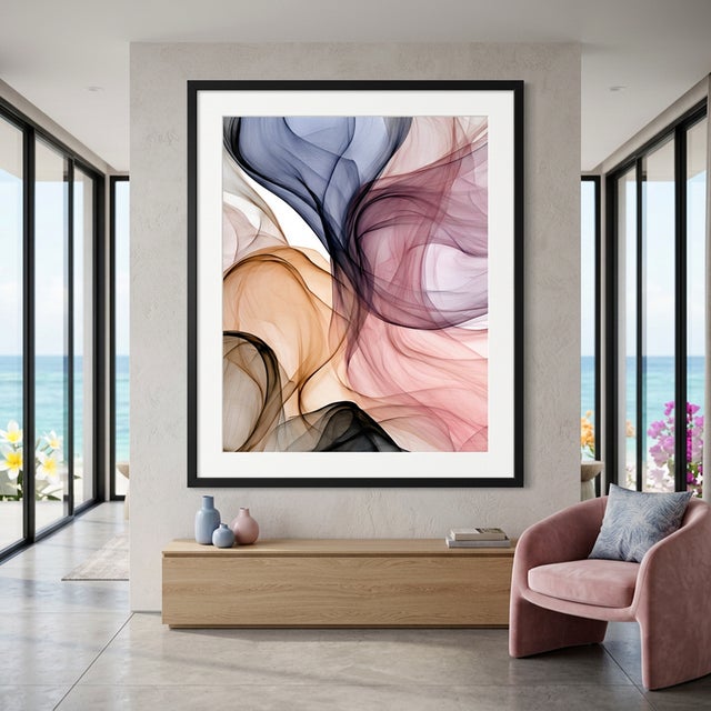 Soft, translucent forms drift and overlap like flowing fabric, blending smoky charcoal, blush, coral, amber, and cool blue...