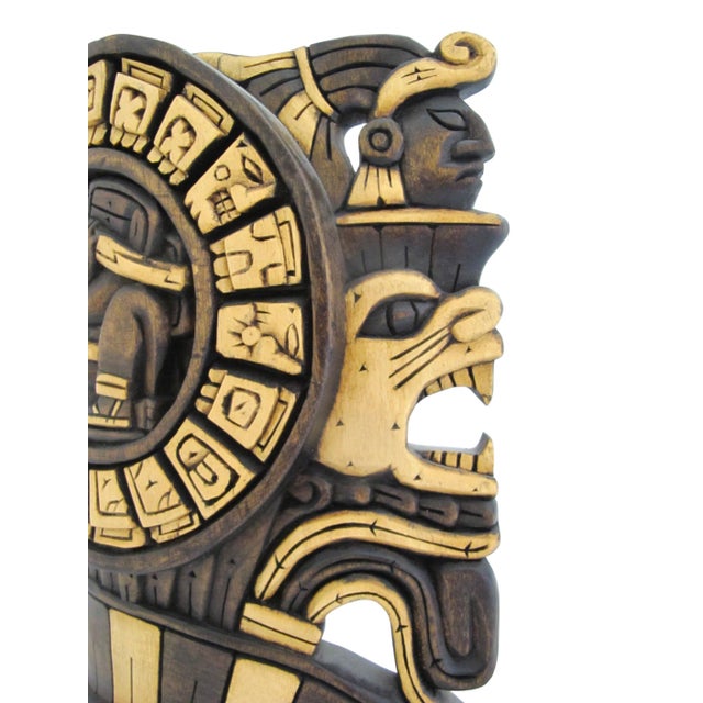 Mexican Mexican Hand Carved Wood Aztec/Mayan Warrior Headdress Calendar Wall Mask For Sale - Image 3 of 10