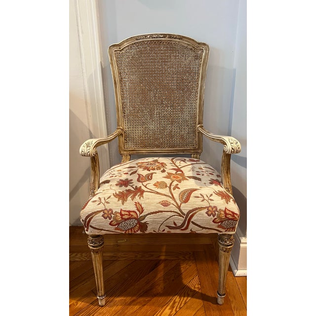 Gorgeous, exceptionally well-preserved set of six (6) vintage Louis XVI-style dining chairs, including two host armchairs...