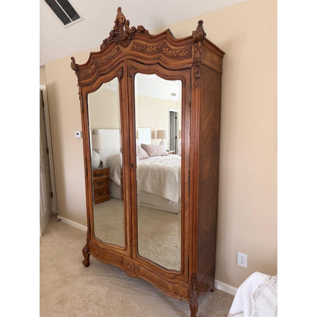 19th Century French Louis XV Style Walnut Armoire With Beveled Mirror Doors, Circa 1880 For Sale - Image 13 of 17