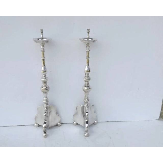19th Century European Bronze Silver Plated Pricket Sticks Ball feet - A Pair For Sale - Image 11 of 13