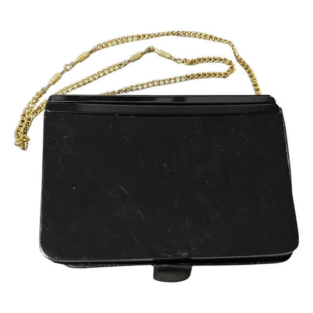 1960s Black Leather and Bakelite Italian Evening Bag For Sale