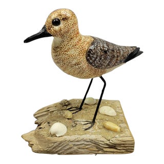 Vintage Sanderling Shore Bird Wood Carving, Signed For Sale