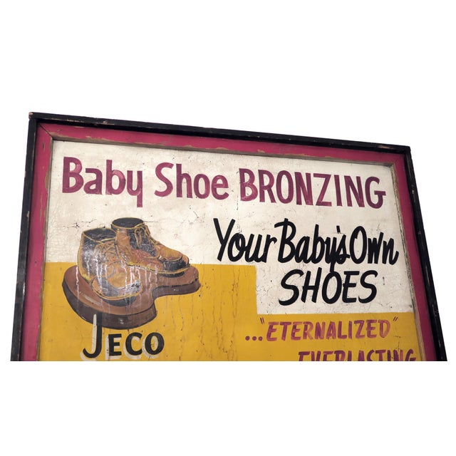 Vintage hand painted wooden framed double sided "Baby Shoe Bronzing" advertisement sign. It features the company name,...