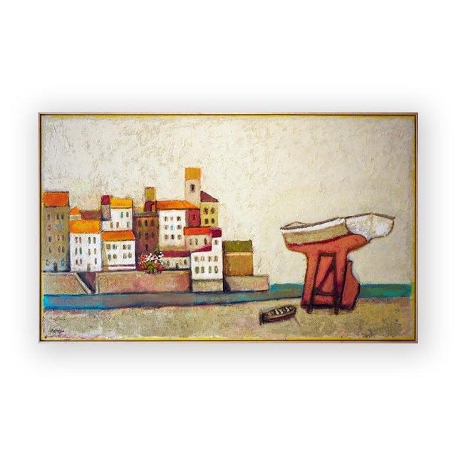 Modern abstract village landscape by Houston, TX artist David Adickes. This large-scale painting depicts an elevated town...