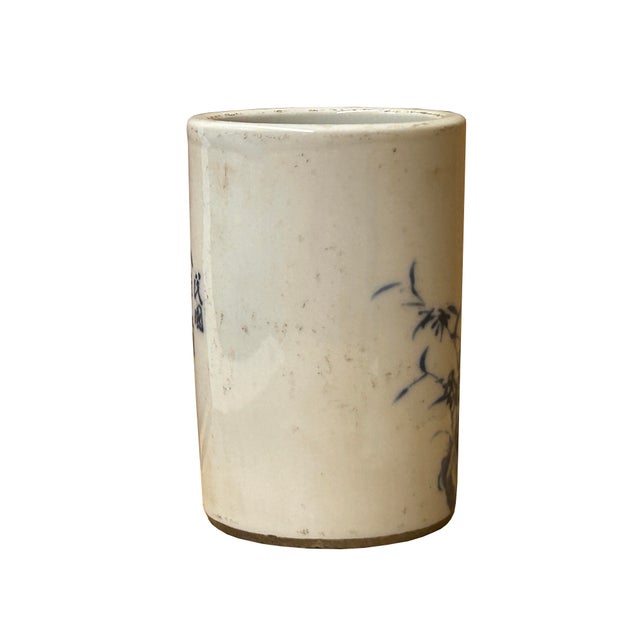1980s Chinese Distressed White Porcelain Blue Flower Bird Graphic Holder Vase For Sale - Image 5 of 9