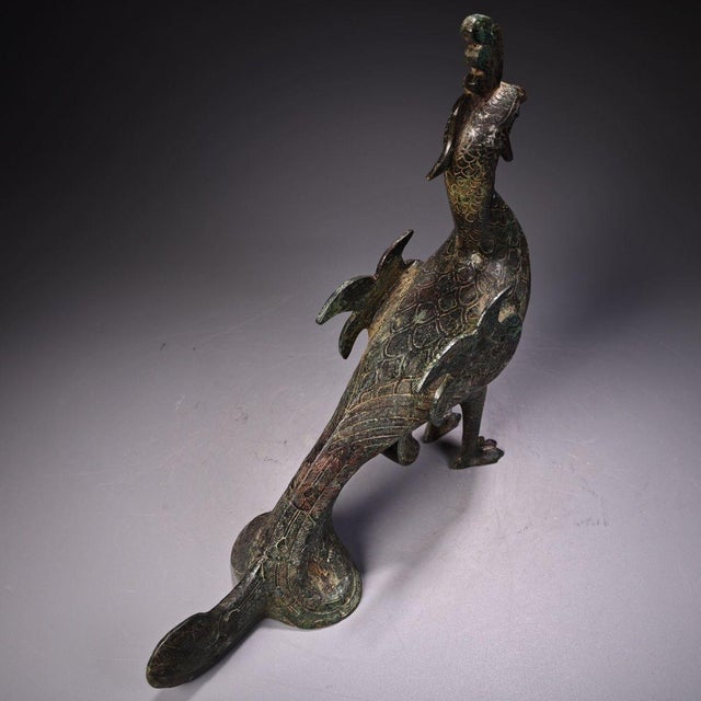 Traditional Early 20th Century Bronze Peacock Sculpture – 13.4" Archaic Style Bird Figure For Sale - Image 3 of 10