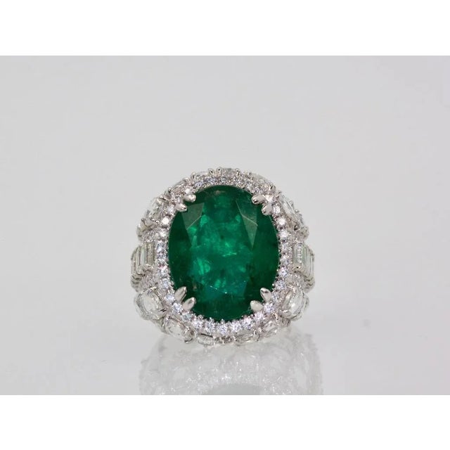 Oval Emerald 12.25 Carat Diamond Surround Ring Size 8 For Sale - Image 9 of 9