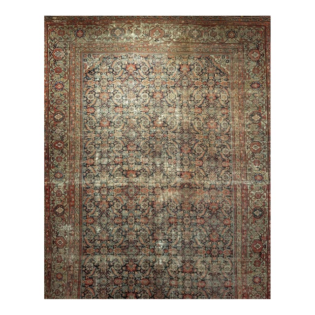 19th Century Persian Farahan Gallery Rug, Hand-Knotted Wool, Allover Herati Pattern, Navy & Pistachio Green, 7x13 For Sale