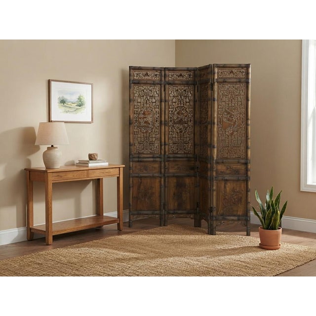 Asian Vintage Finish Openwork Floral 4 Panels Wood Floor Screen Room Divider For Sale - Image 3 of 10