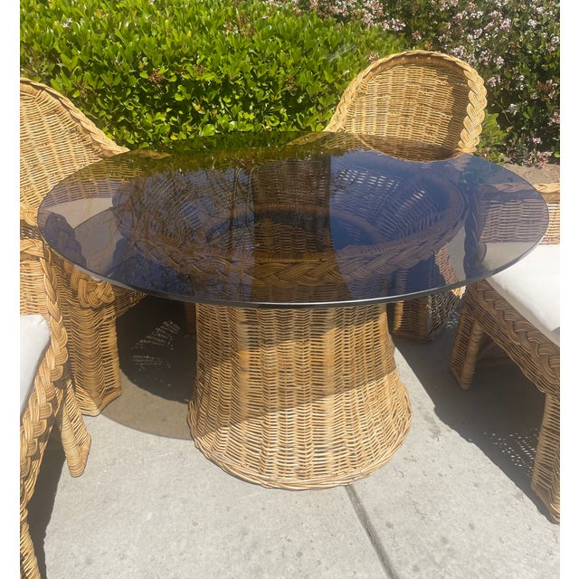 Vintage Woven Rattan Wicker Dining Set, Coastal Style With Braided Trim After Bielecky Brothers For Sale - Image 14 of 17