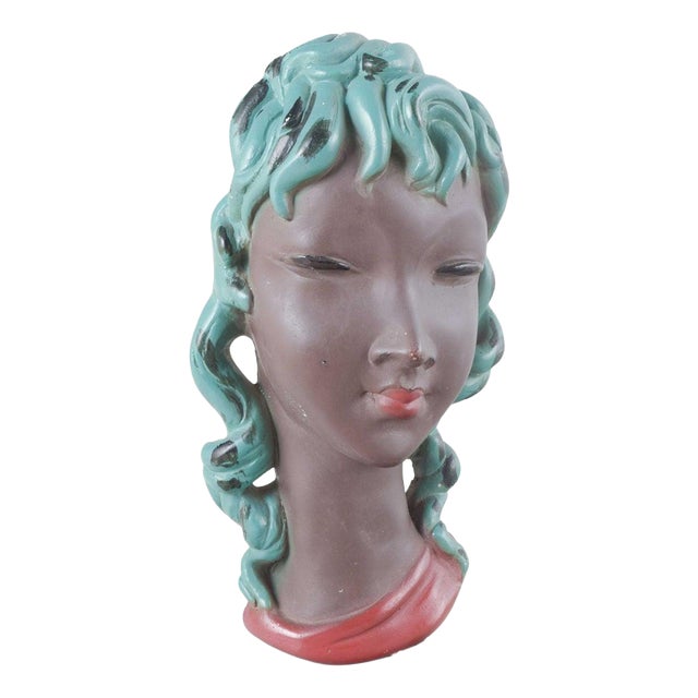 Mid-Century Ceramic Bust of Woman with Turquoise Hair by Gino Manca For Sale