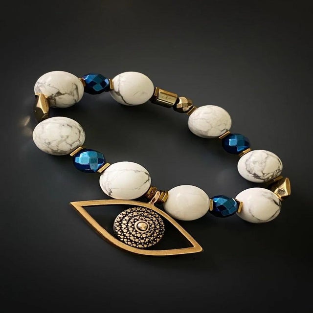 Gemstone Always Protected White Howlite Beaded Evil Eye Bracelet For Sale - Image 7 of 9