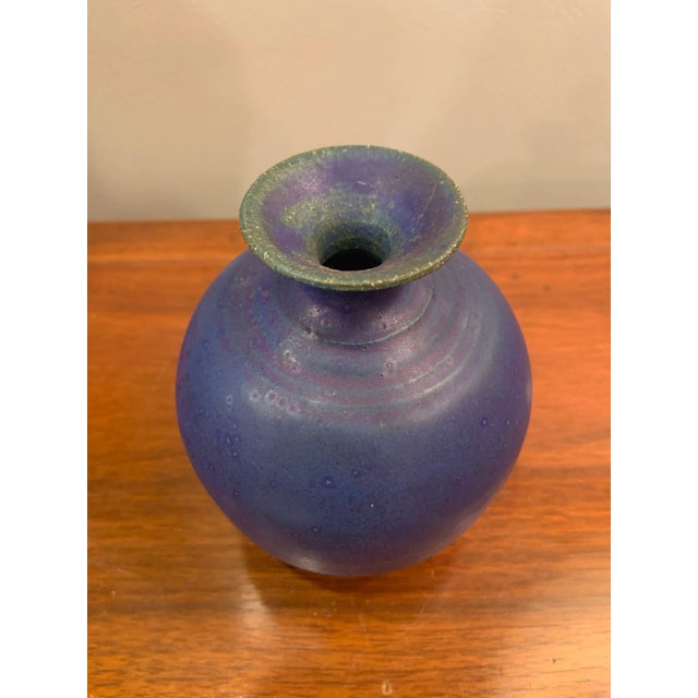 Henry Kendall Gernhardt Studio Pottery Vase with Bright Blue Barium Glaze, with dark concentric rings at the neck and on...
