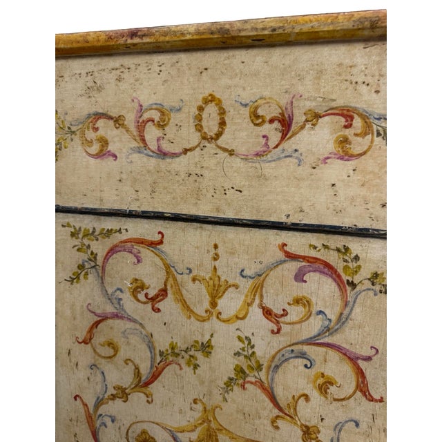Neoclassical Antique Italian Hand-Painted Commode, 19th Century — Polychrome Scrolling Foliate Decoration For Sale - Image 3 of 18