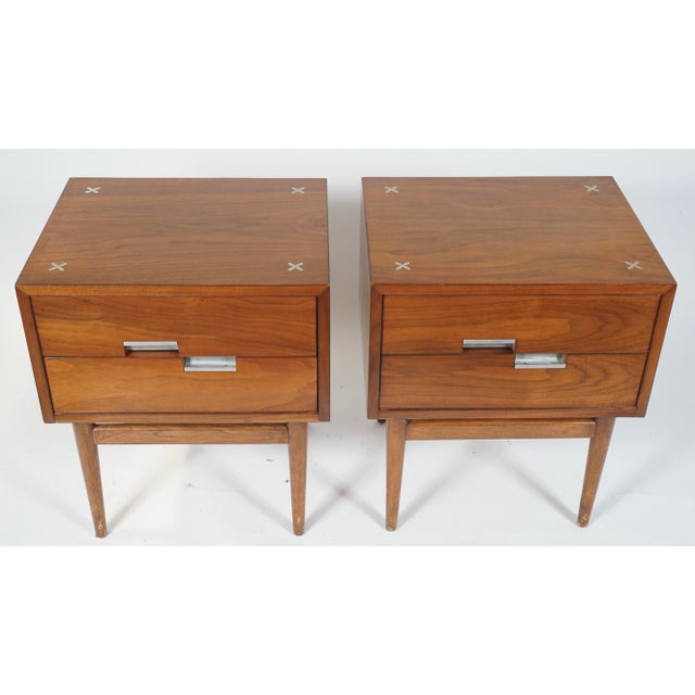 1960s Merton Gershun for American of Martinsville Mid Century X Inlay Walnut Nightstands Set of 2 For Sale - Image 9 of 9