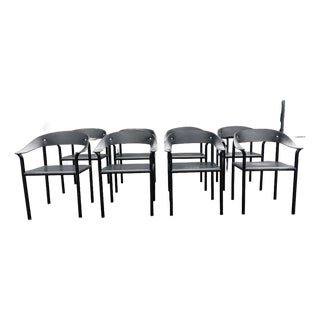 Set of Eight Attributed Artelano Black Leather Arm Chairs, Italy 1980s For Sale