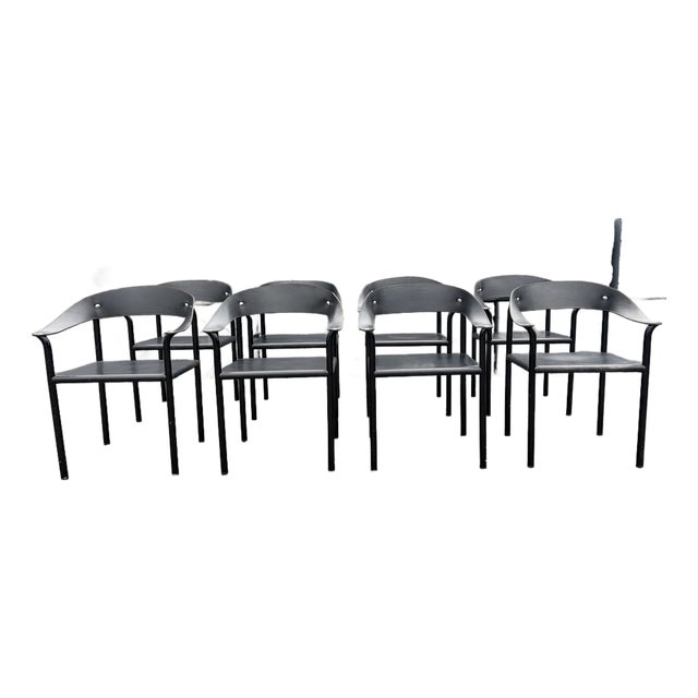 Set of Eight Attributed Artelano Black Leather Arm Chairs, Italy 1980s For Sale