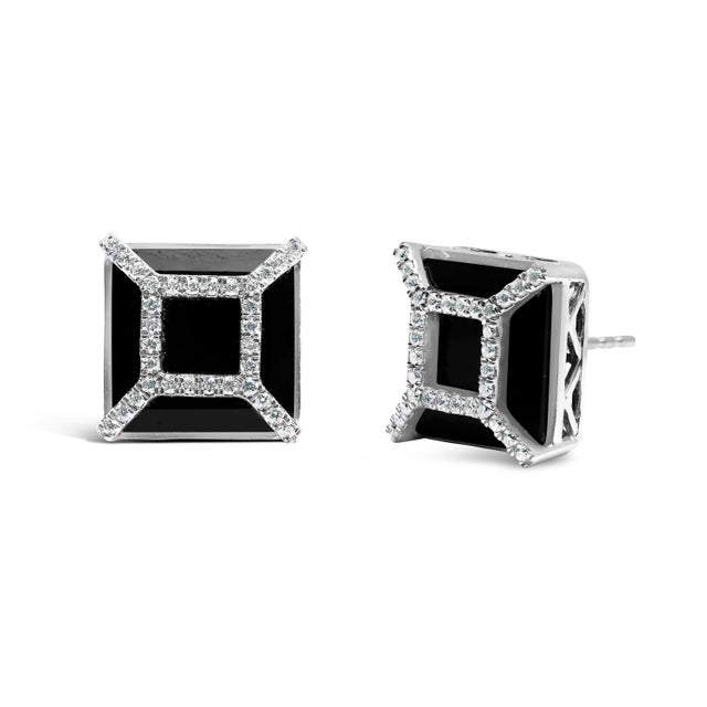 Contemporary 14K White Gold 3/8ct Diamond with 11x11MM Black Onyx Stud Earrings, A Pair For Sale - Image 3 of 5