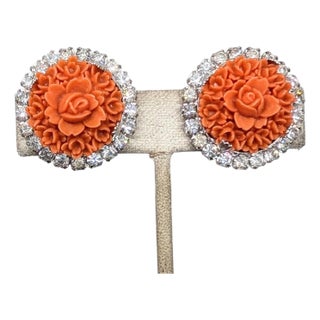 Vintage 1950s Signed Kramer Carved Faux-Coral Clear Rhinestone Clip Earrings For Sale