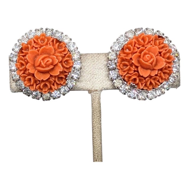 Vintage 1950s Signed Kramer Carved Faux-Coral Clear Rhinestone Clip Earrings For Sale