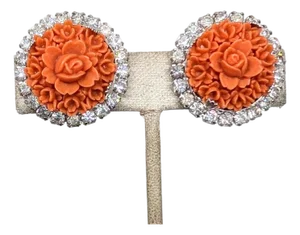 Vintage 1950s Signed Kramer Carved Faux-Coral Clear Rhinestone Clip Earrings