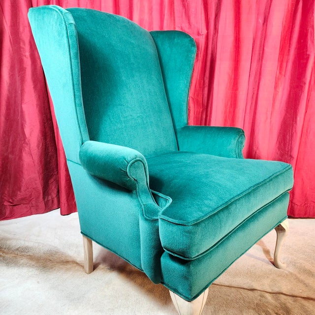 Late 20th Century Scalamandre Wuthering Heights Emerald Green Velvet Upholstered Grandfather Chairs of Late 20th Century - 2 Available For Sale - Image 5 of 16