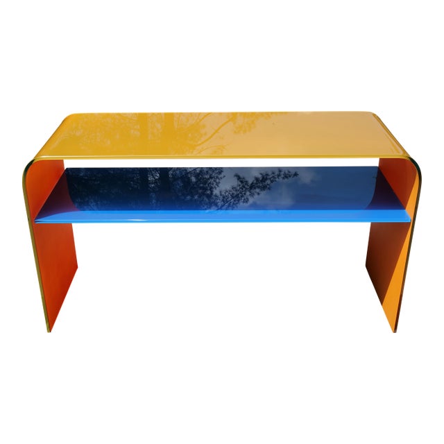 1990s Postmodern Multi-Color Glass Waterfall Console Table With Removable Shelf For Sale