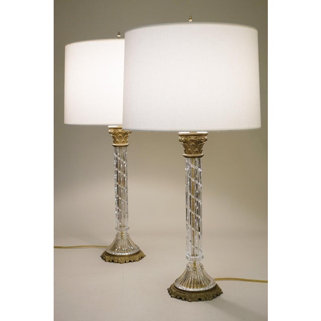 Traditional Large Matched Pair Waterford Crystal French Empire Corinthian Column Brass Table Lamps 1960's For Sale - Image 3 of 13