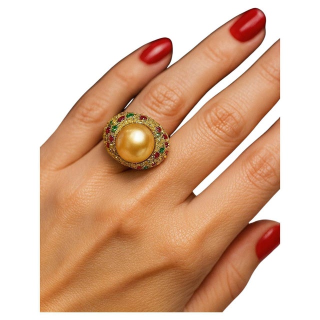 Yellow Bochic “Orient” Vintage Ruby, South Sea Pearl & Sapphire Ring Set 18K Gold & Silver For Sale - Image 8 of 9