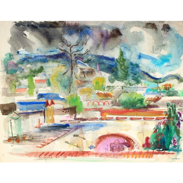 American Abstracted City Scene Mid Century Watercolor For Sale - Image 3 of 3