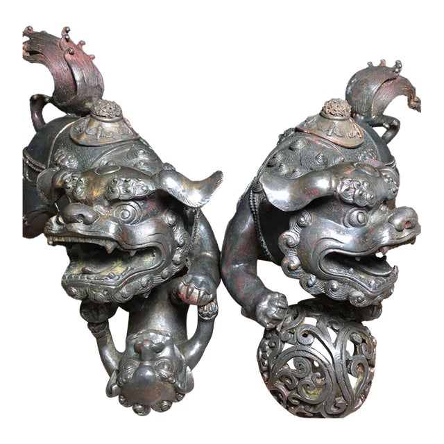 Pair of Large Bronze Guardian Lion Incense Burners – 15" Foo Dog Censers With Ball & Cub For Sale