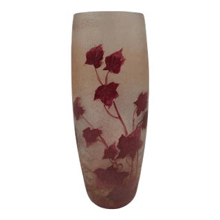 Antique Legras French Art Nouveau Enameled Glass Vase – Ivy Pattern (11 Inches) For Sale