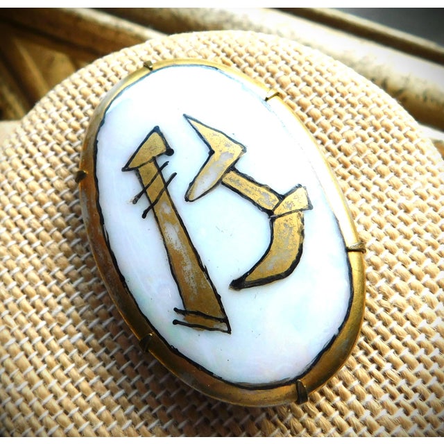 Antique Art Deco Hand-Painted Porcelain 'B' Gold Leaf Oval Brooch Pin, C. 1920's For Sale - Image 4 of 11