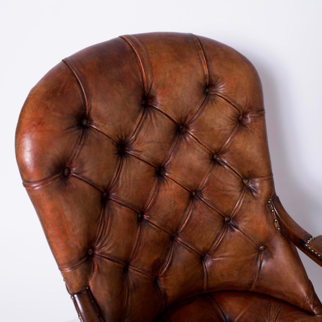 Antique Pair of English Button Tufted Leather Armchairs | Chairish