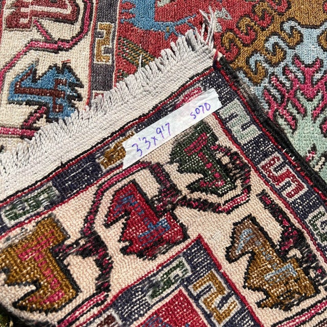 Ruby Red 1970s Vintage Animal Figure Pattern Embroidered Soumak Runner Rug For Sale - Image 8 of 10