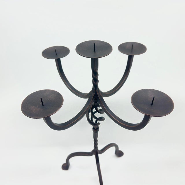 Metal Hand Forged Iron Candelabra 23.5″ (60cm) Antique Copper Finish 5-Arm Grand Banquet Centerpiece & Wedding Decor For Sale - Image 7 of 9