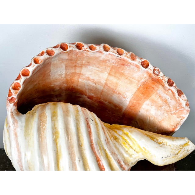 Peach Large Vintage Mexican Hand Painted Ceramic Shell For Sale - Image 8 of 12
