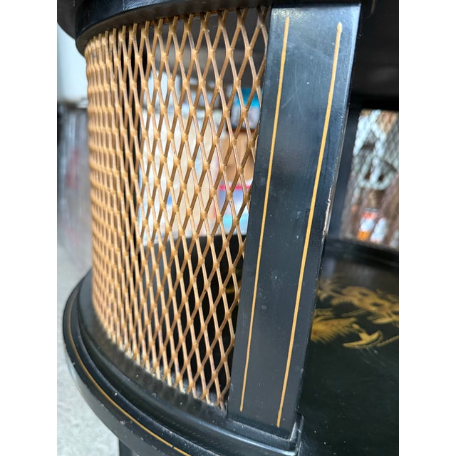 Black Vintage Chinoiserie Black Lacquer Round Two-Tier Side Table With Glass Top For Sale - Image 8 of 10
