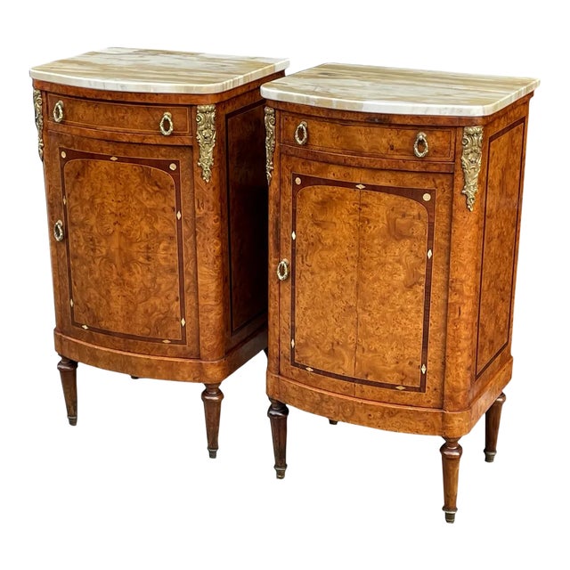 Antique French Ormolu Marble Top Burl Walnut Bedside Cabinets Locker Nightstands For Sale