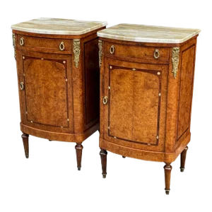Antique French Ormolu Marble Top Burl Walnut Bedside Cabinets Locker Nightstands