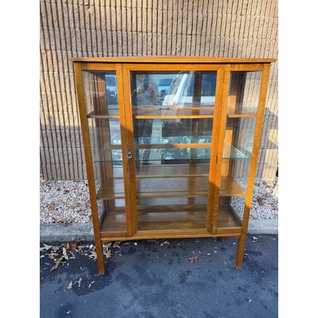 Antique Art Decor Mission Style Solid Oak Bookcase Curio Cabinet. Circa Early 20th Century For Sale - Image 10 of 10