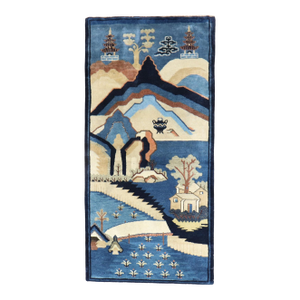 Antique Blue Chinese Pictorial Throw Rug