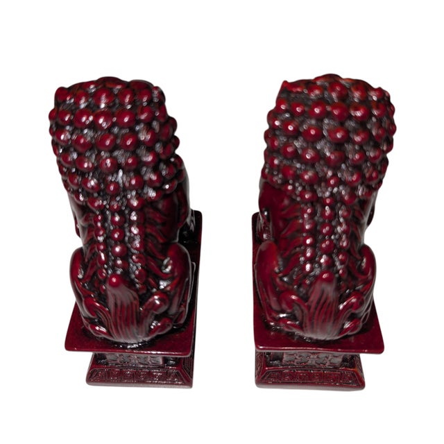 Chinoiserie Pair of Vintage Cinnabar Chinese Guardian Lions or Foo Dogs For Sale - Image 3 of 5