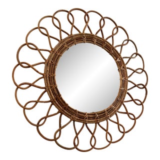 Vintage Rattan Sunburst Mirror | 21” Boho Coastal Wall Mirror For Sale