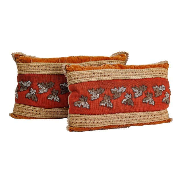 Pair of Lumbar Antique Peach Fabric & Beaded Cushions For Sale