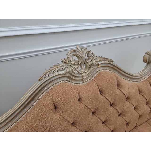 Terra Cotta Vintage French Rococo Sofa – Tufted Louis XV Style Couch in Textured Linen Fabric, Ornate Carved Wood Settee, Warm Terracotta For Sale - Image 8 of 11
