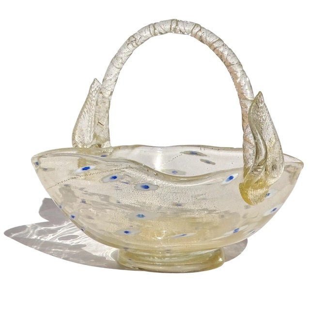 Mid 20th Century Vintage Murano Gold Flecks White Blue Daisy Pattern Italian Art Glass Rope Handle Basket Bowl For Sale - Image 5 of 8