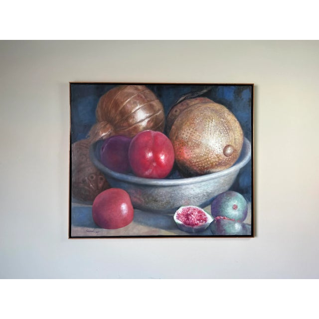 Blue 90's Venezuelan Mohamed " Still Life With Metals & Fruits " Oil Painting For Sale - Image 8 of 13