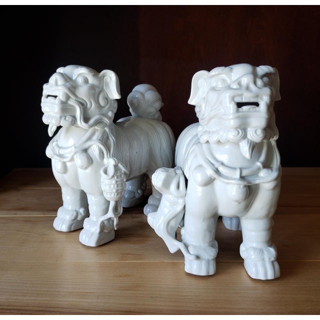 Mid-Century Japanese Blanc De Chine Porcelain Standing Foo Dogs - A Pair For Sale - Image 4 of 13